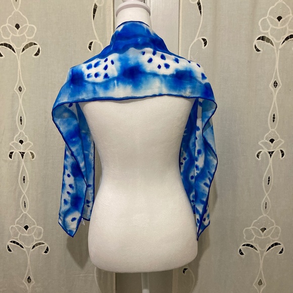 Hand Colored in California, 100% Silk Scarf, Vibrant Blues and White - Picture 3 of 9